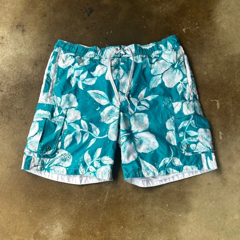 Mossimo Board Shorts Mens XL Teal Beach Floral Hibiscus Cargo Swim Trunks